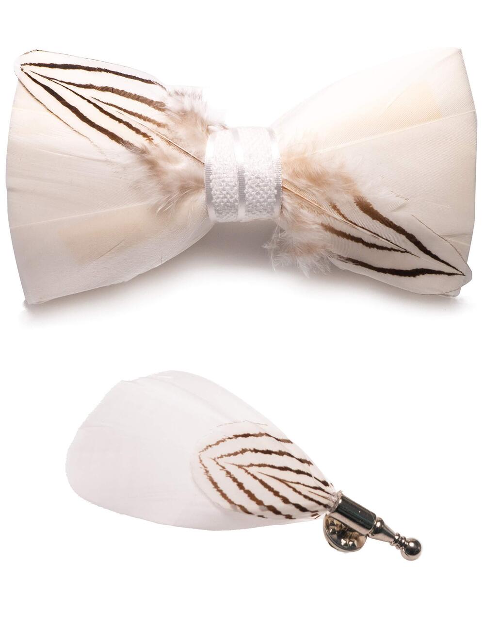 4035 Handmade Feather Pre-tied White Bow tie and Brooch Sets white